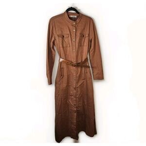 Mazzi Brown Utility Button Up Midi Shirt Dress Belted Pockets Denim Cotton XL